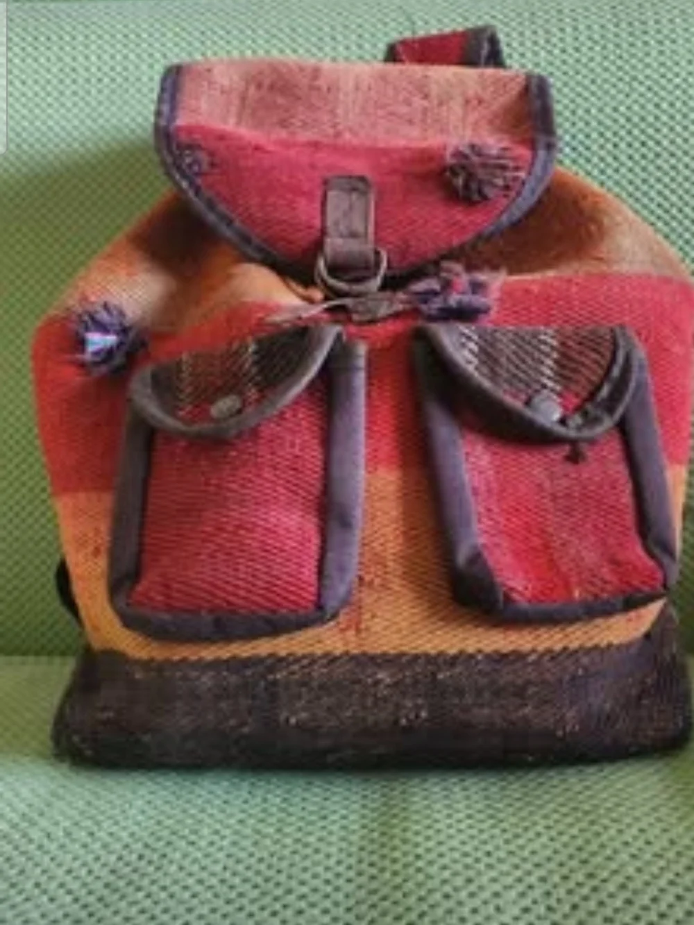 Handwoven Kilim Tapestry Backpack – Striped Boho Rucksack with Front Pockets & C